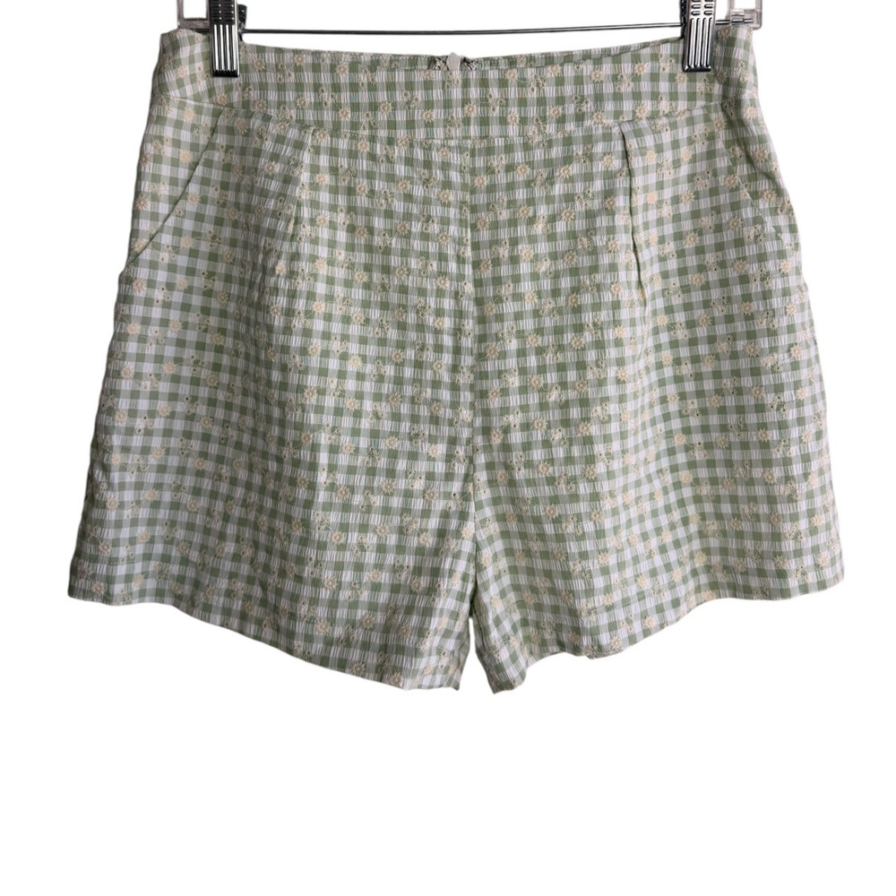 Sage The Label Green Gingham Daisy Embroidered Seersucker Mini Shorts Size M